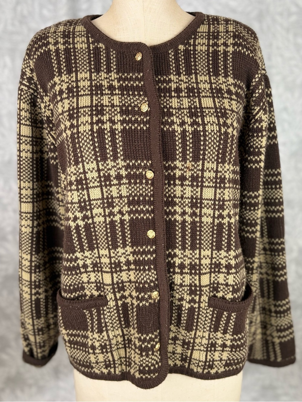 Vintage 90’s Liz Baker Knit Cardigan Sweater Tight-Knit Gold Buttons